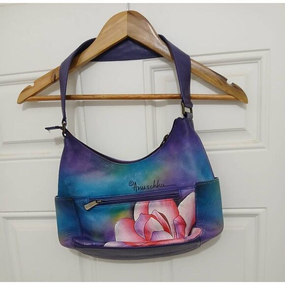 Anuschka womens hand painted genuine leather handbag purple pink hobo bag - Picture 4 of 8